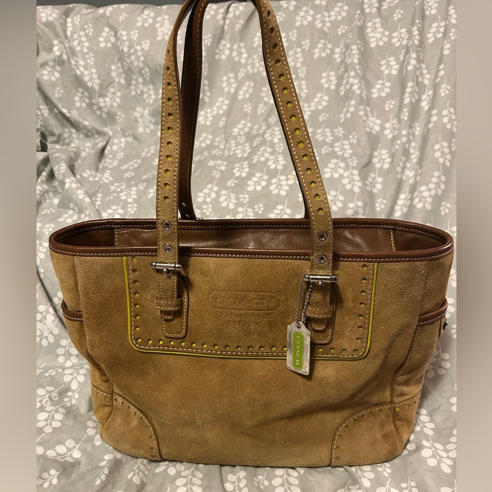 Coach Leatherware 1430 Suede Coach Handbag with neon green piping